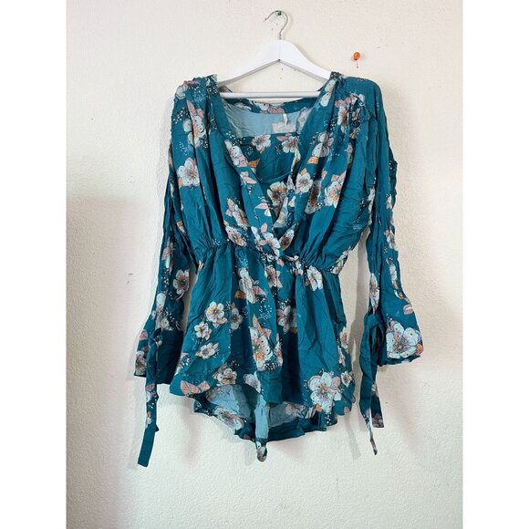 Free People Tuscan Dreams Printed Tunic Blouse Top Womens Medium Teal Floral - Picture 1 of 11